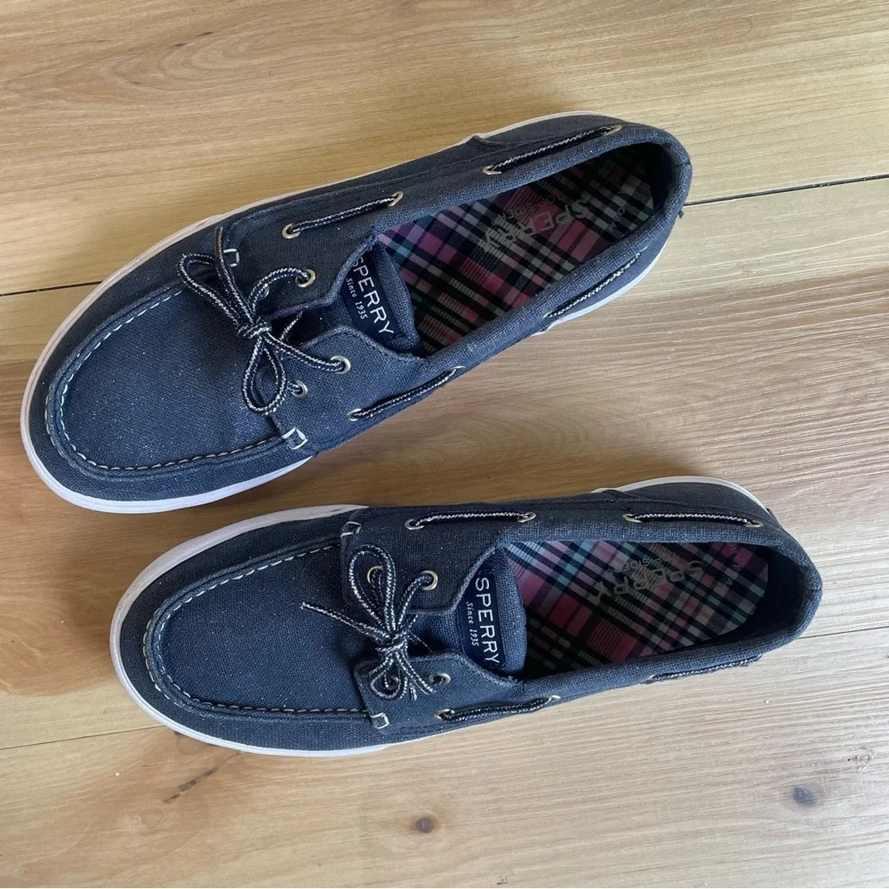 Sperry Women/girl’s Bahama Boat Shoe Slip On Loafer Navy Shimmer Sz 5.5